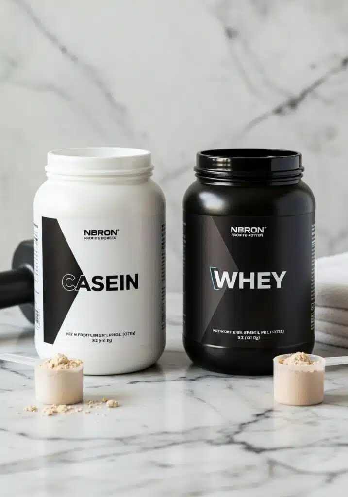 Casein vs Whey protein powders side by side comparison on marble countertop.