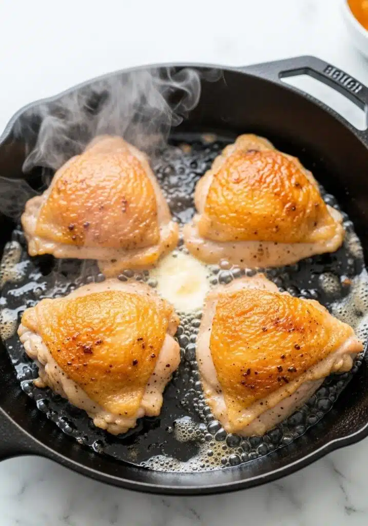 Chicken thighs sizzling in a cast-iron skillet with melted butter
