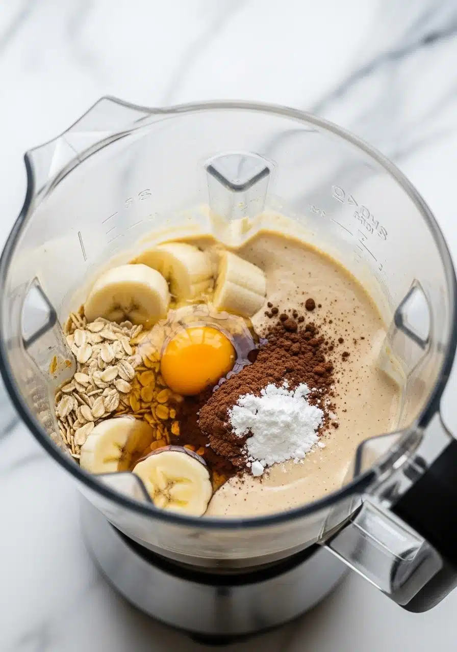 Close-up of a blender with banana, rolled oats fully blended into smooth creamy batter