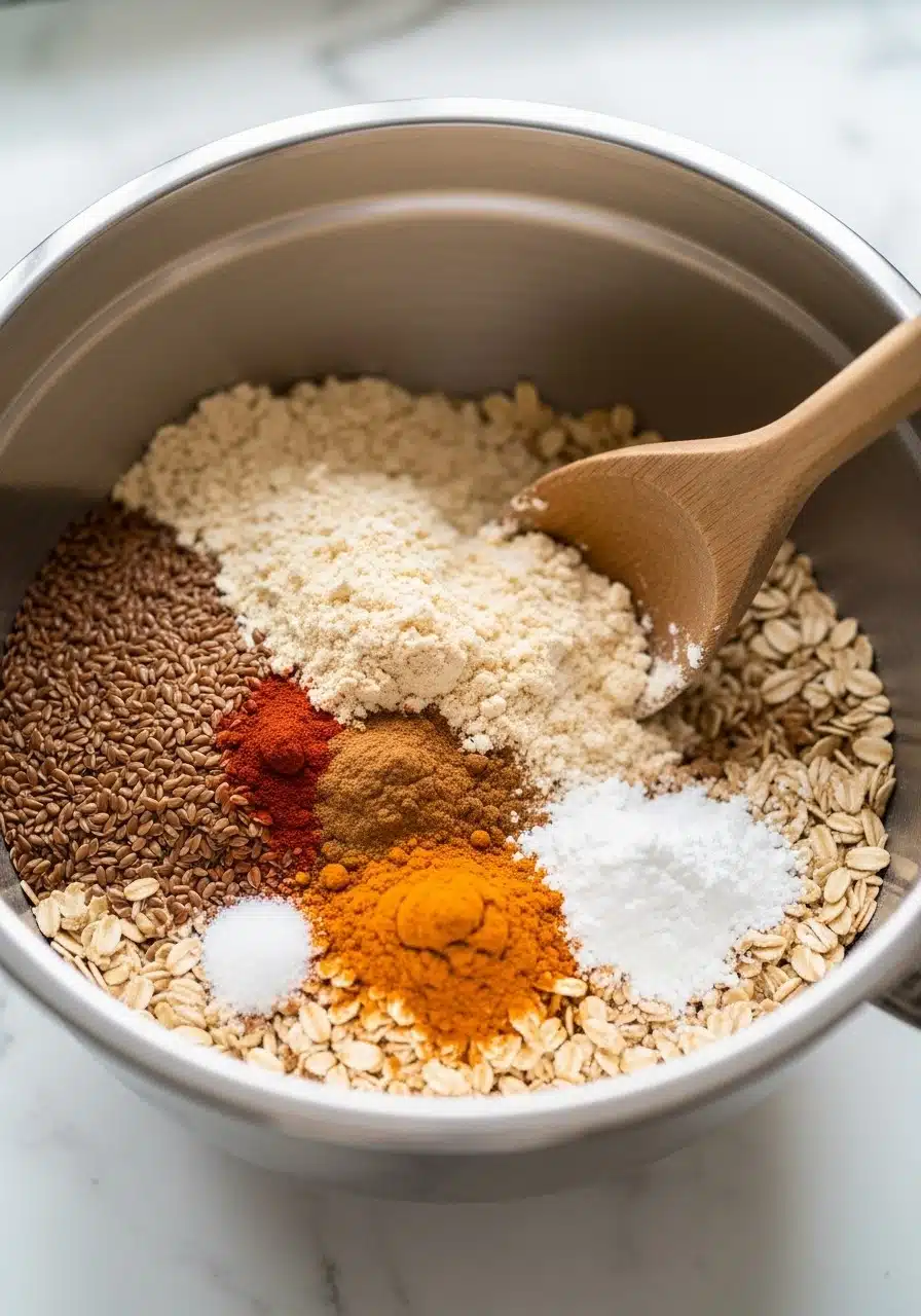 Close-up of a large mixing bowl on a marble countertop with oats, vanilla protein powder, flaxseed, cinnamon, pumpkin pie spice, baking powder, and salt being mixed