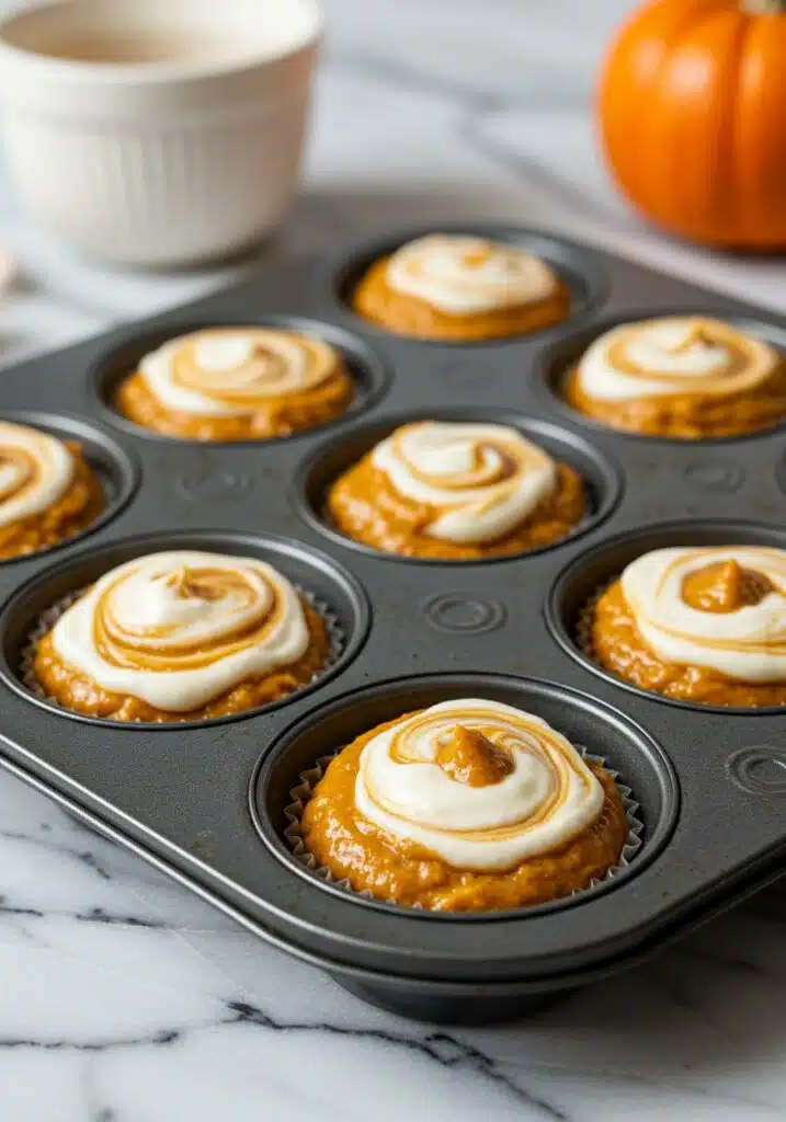 Close-up of a muffin tin filled three-quarters with pumpkin muffin batter, a spoon adding a dollop of cream cheese mixture on top
