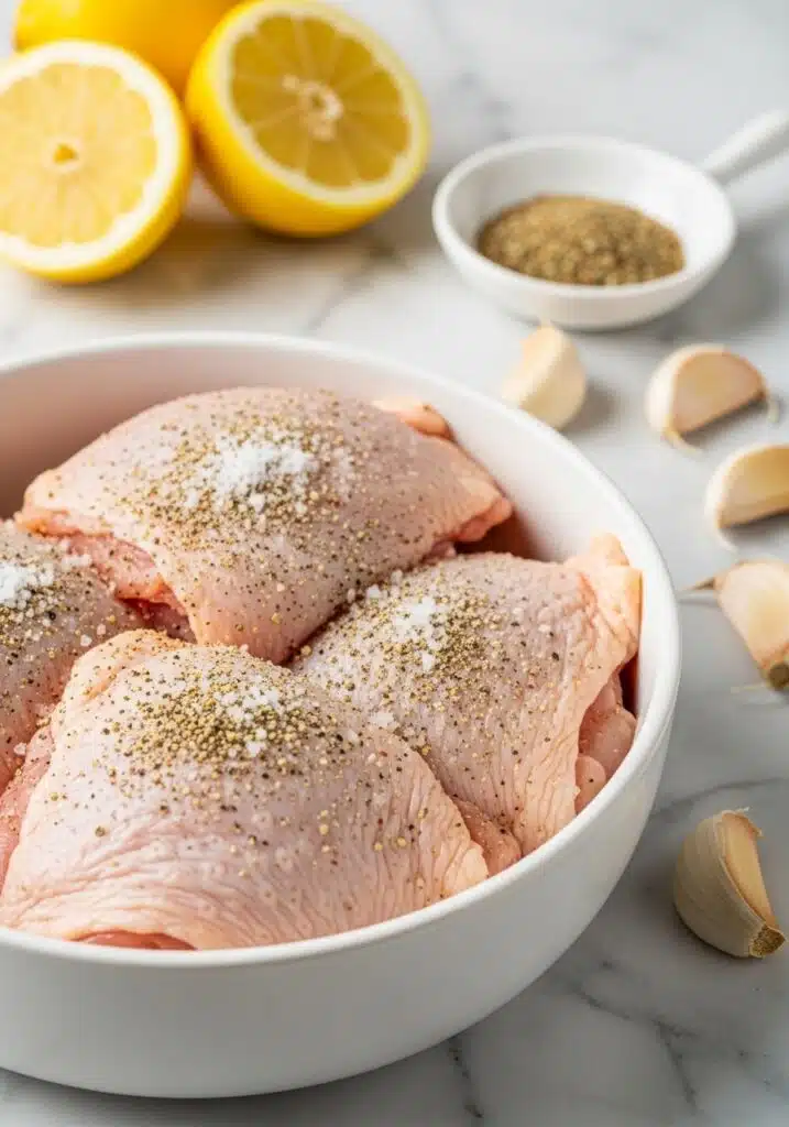 Close-up of chicken thighs being seasoned with salt and lemon pepper in a bowl. Lemon halves, small dish of spices