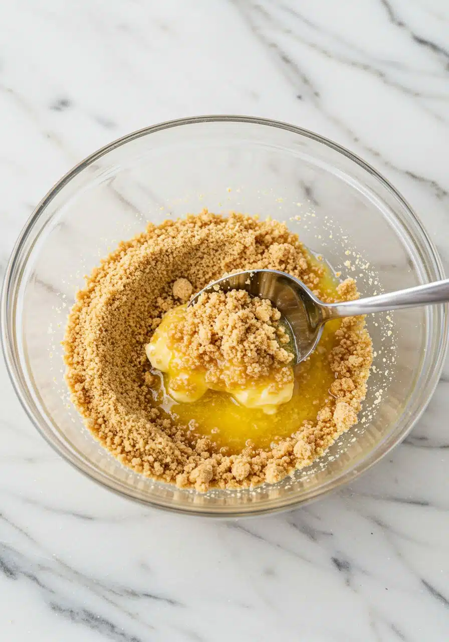Close-up shot of graham cracker crumbs being mixed with melted butter in a small glass