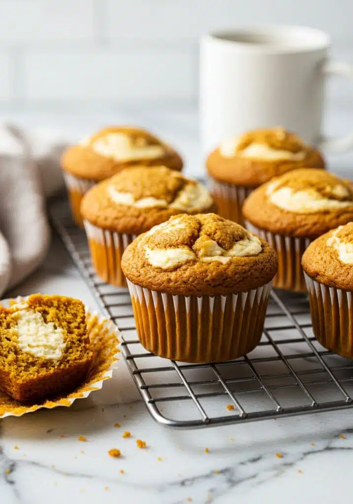 Freshly baked Pumpkin Cream Cheese Swirl Muffins cooling on a wire rack