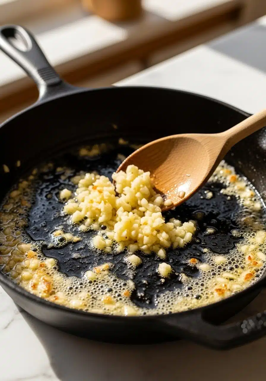 Garlic being sautéed in melted butter in a cast-iron skillet, with light browning and bubbling butter