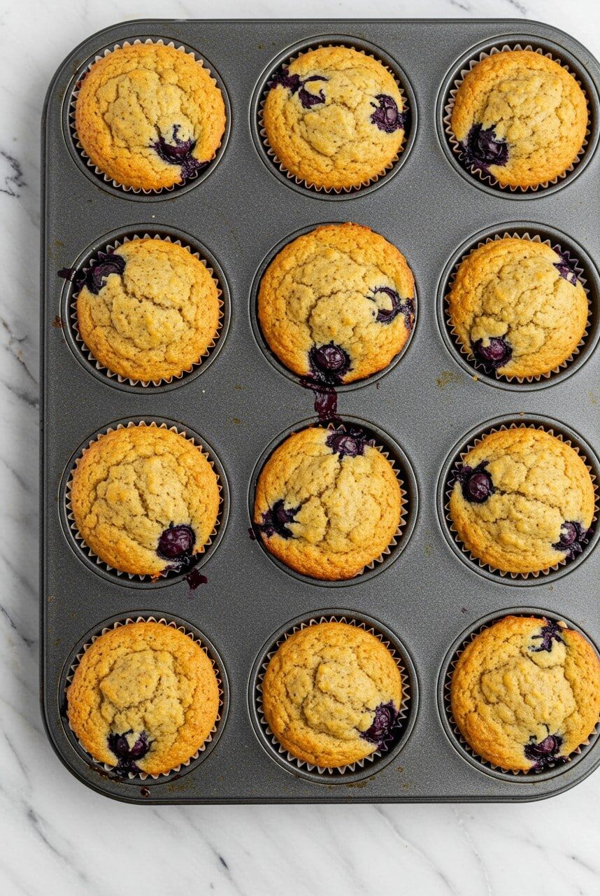 Golden, freshly baked blueberry protein muffins still in the muffin tin, slightly puffed with blueberries