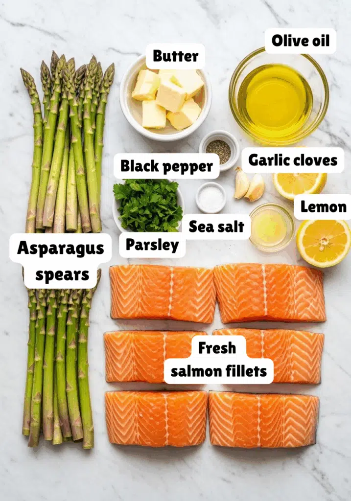 Ingredients for sheet pan salmon and asparagus