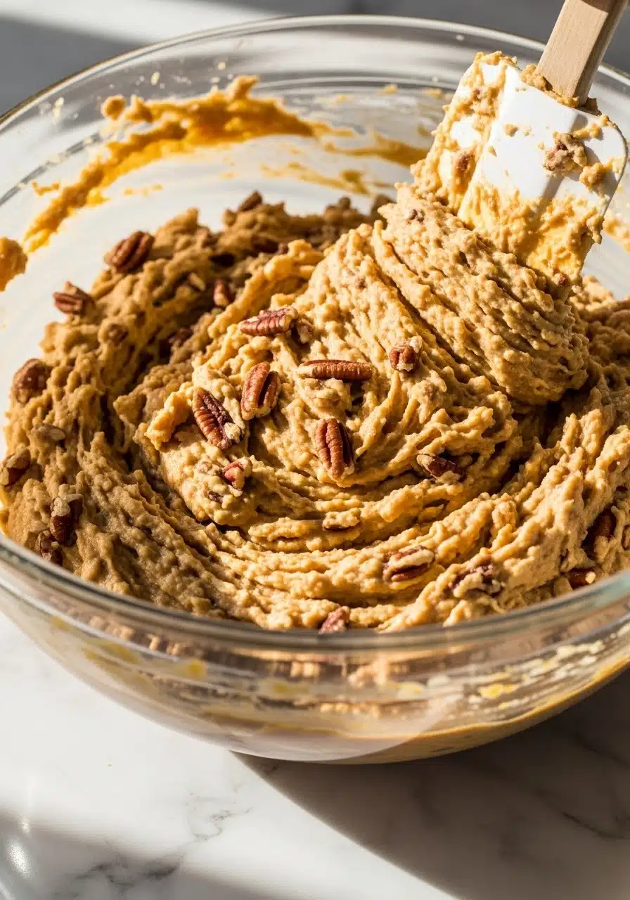 Large bowl with Protein Pumpkin Baked Oats batter showing dry oat mixture being folded into wet pumpkin mixture with a spatula