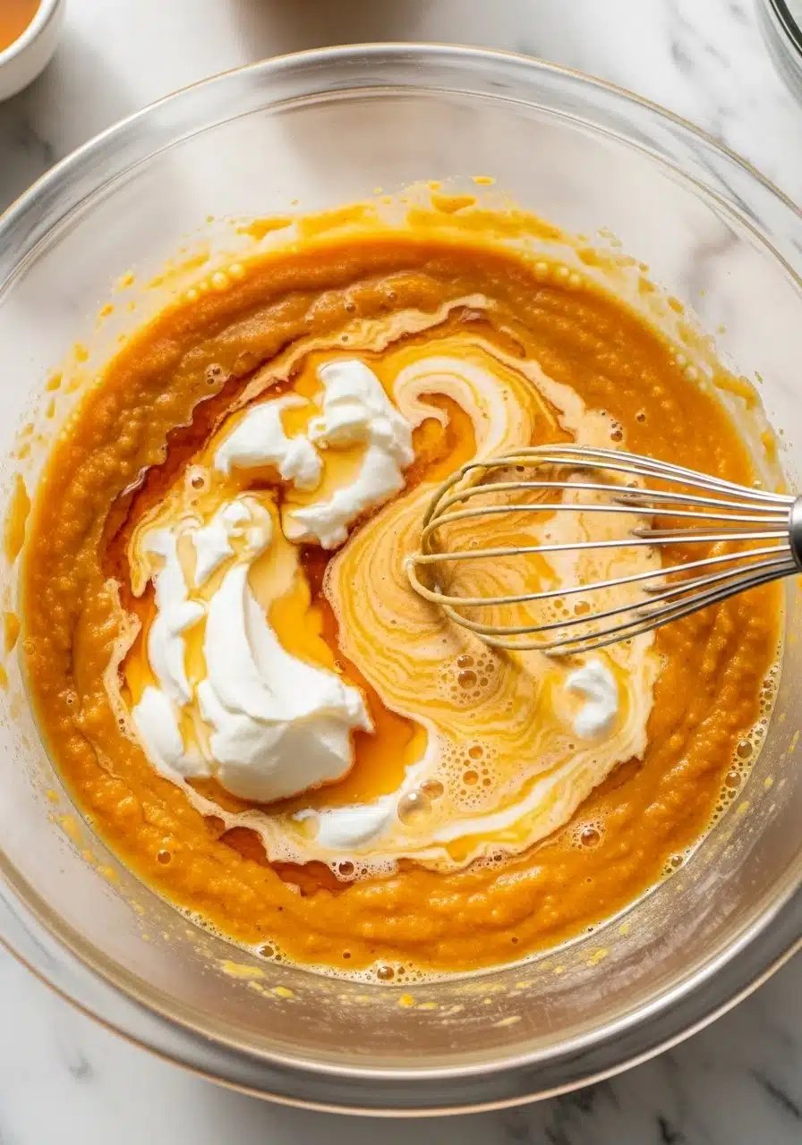 Mixing bowl on marble countertop with pumpkin puree, Greek yogurt, milk, maple syrup, eggs, and vanilla extract being whisked together