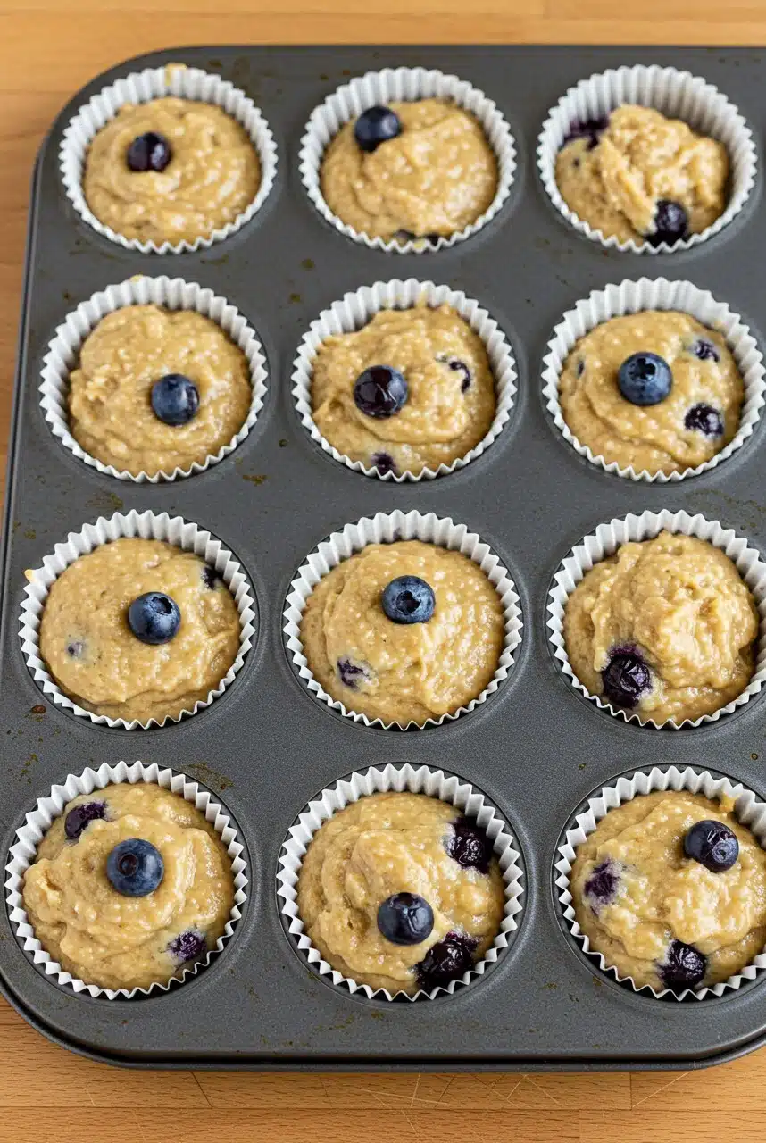Overhead shot of a muffin tin lined with paper cups, each filled almost to the top with thick blueberry muffin batter