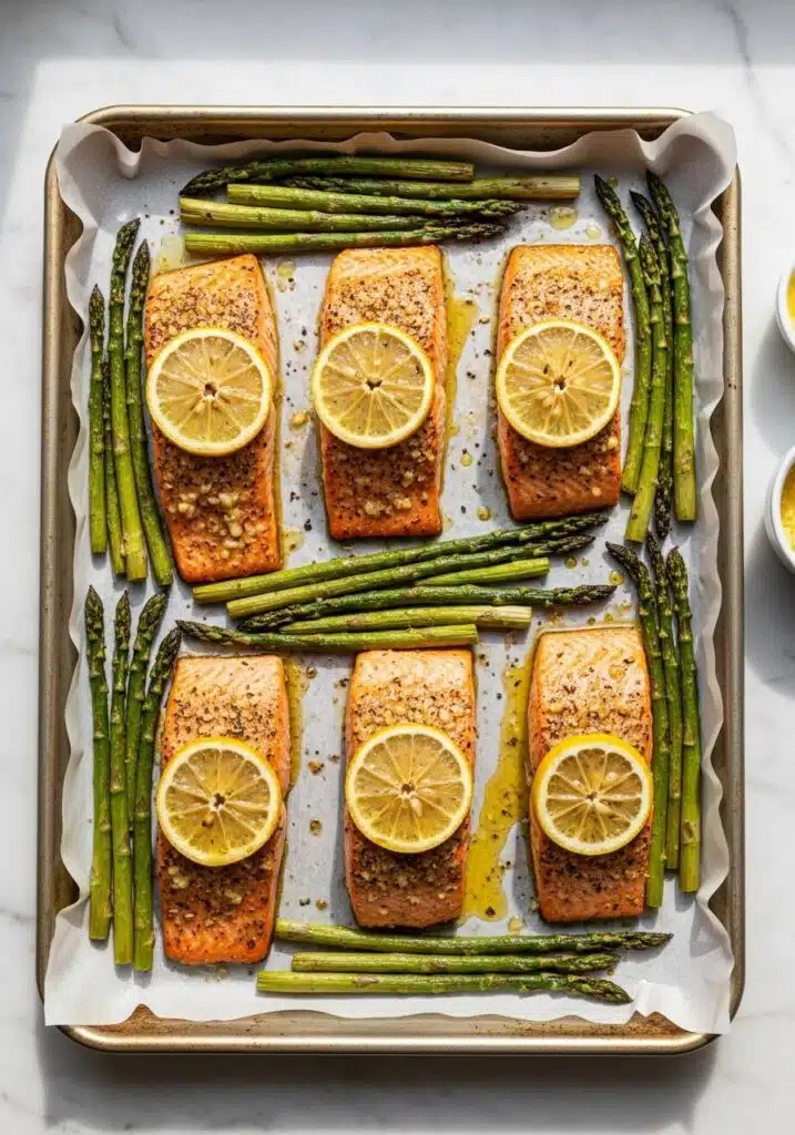 Overhead shot of a sheet pan salmon and asparagus dinner on a marble countertop. Six salmon fillets with golden crust