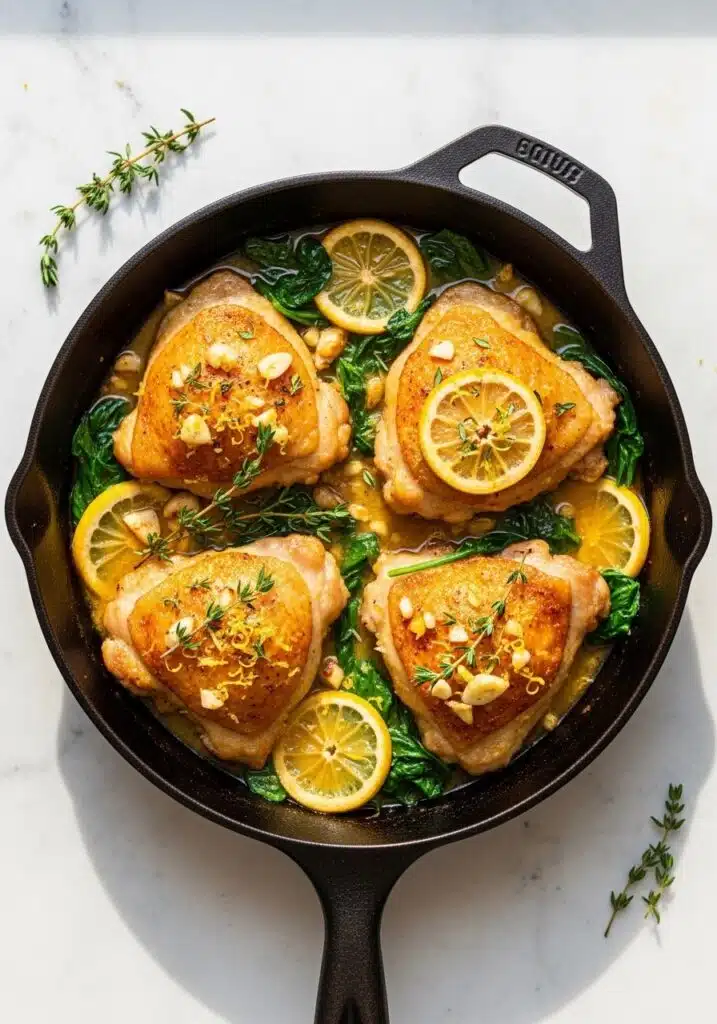 Overhead shot of creamy lemon butter chicken thighs in a cast-iron skillet, covered in a rich, golden cream sauce with visible lemon slices