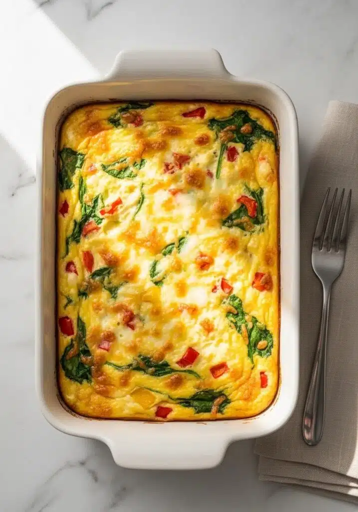 Overhead view of a golden-brown Cottage Cheese Egg Bake in a white ceramic baking dish on a marble countertop