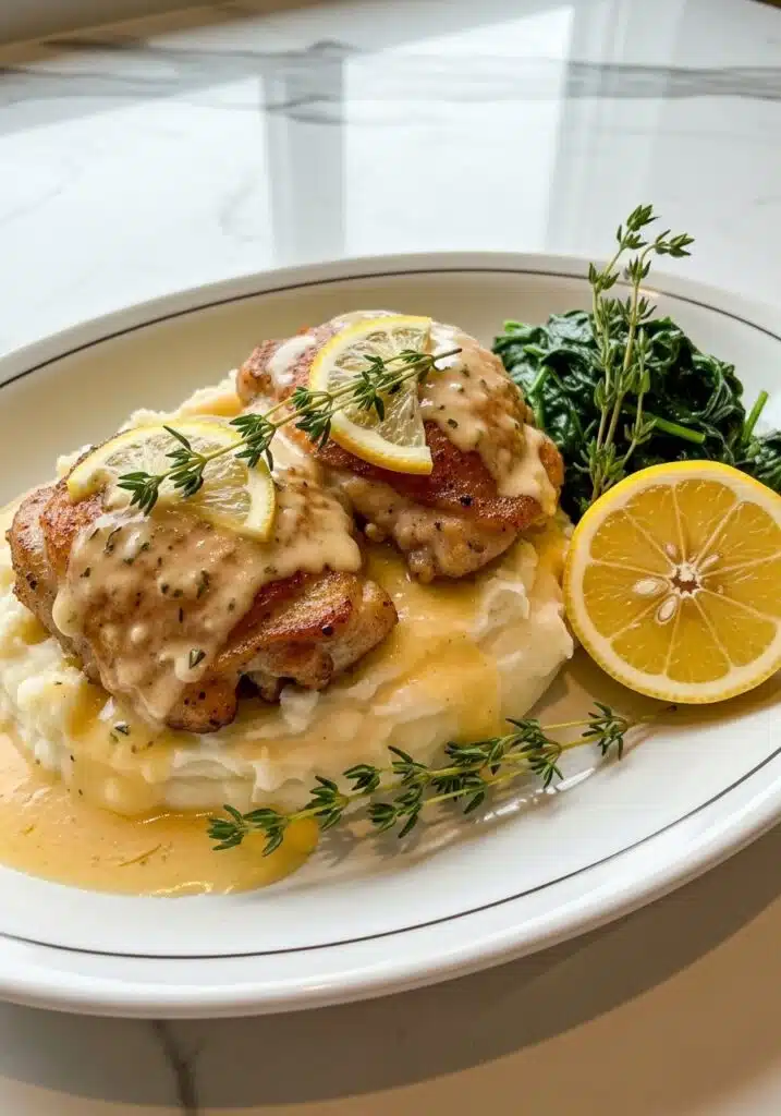 Plated serving of creamy lemon butter chicken thighs over mashed potatoes, drizzled with sauce, and garnished with thyme and lemon wedge