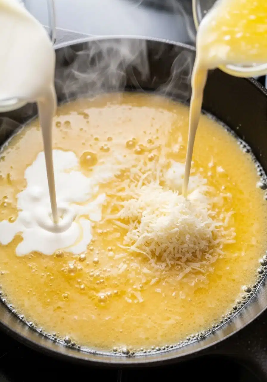 Pouring heavy cream and lemon juice into the skillet with garlic butter, grated parmesan being sprinkled in