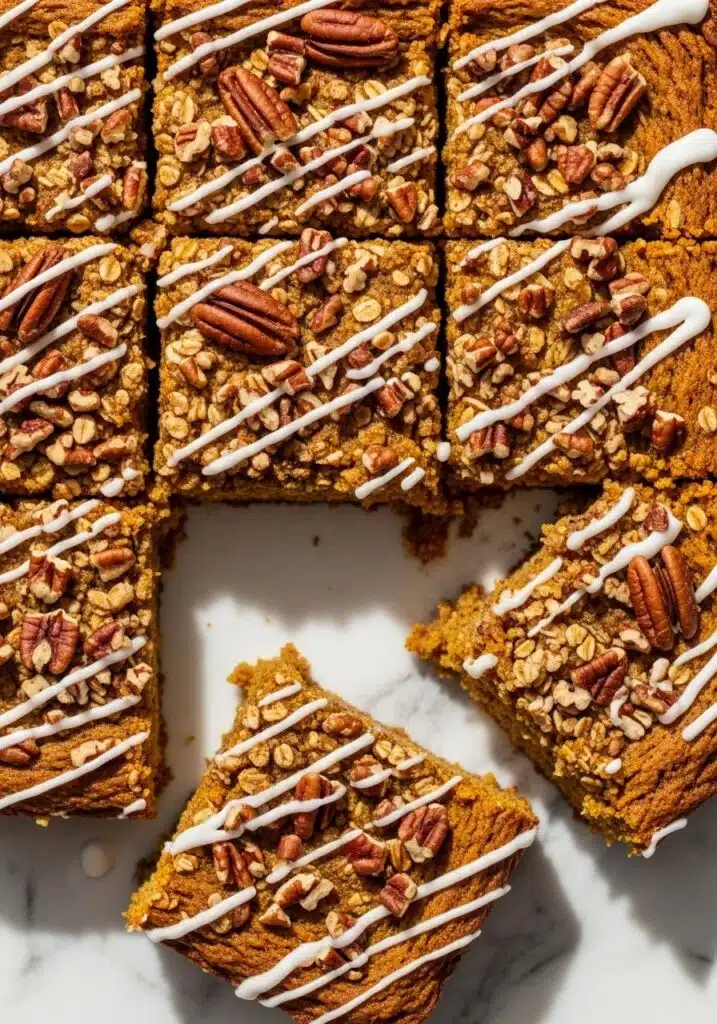 Protein Pumpkin Baked Oats sliced into squares on a marble countertop