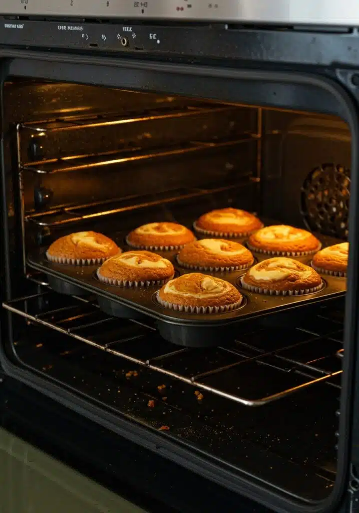 Side-angle shot of Pumpkin Cream Cheese Swirl Muffins baking in an oven