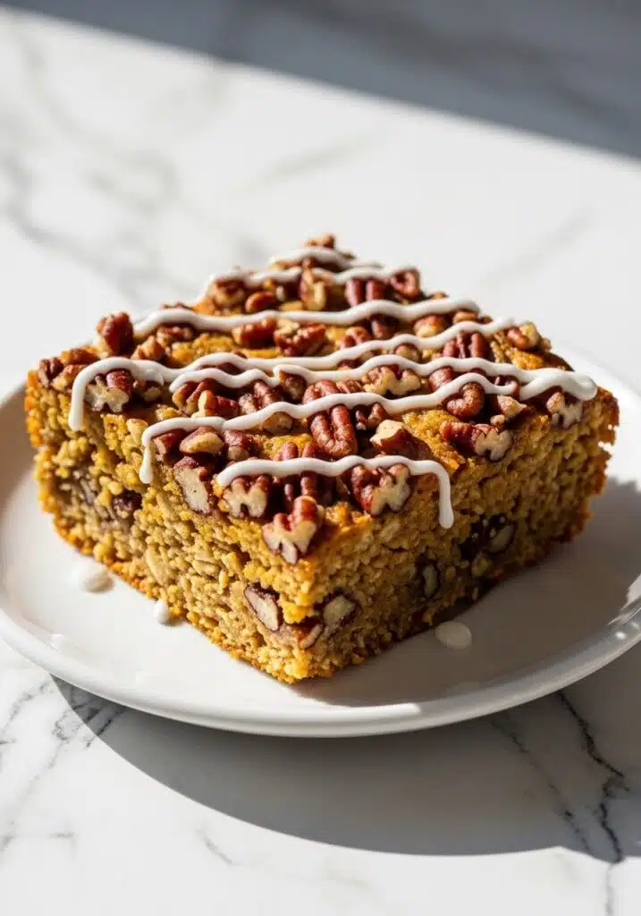 Single serving square of Protein Pumpkin Baked Oats on a small white plate