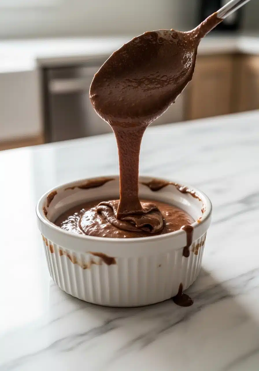 Smooth blended baked oats batter poured into a small greased ramekin