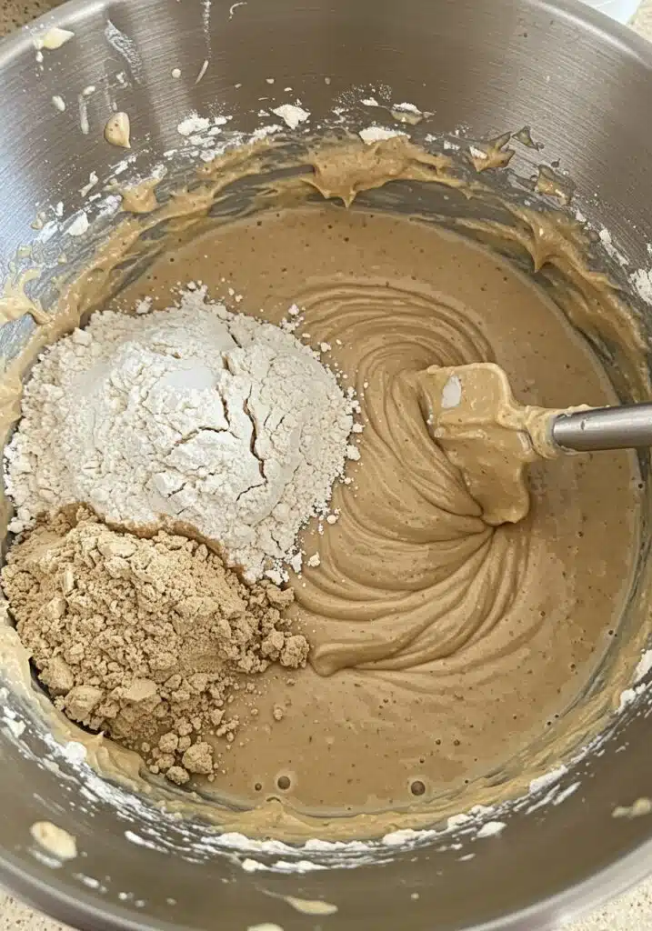 The dry ingredients (flour, sugar, protein powder) being poured or mixed into the wet bowl