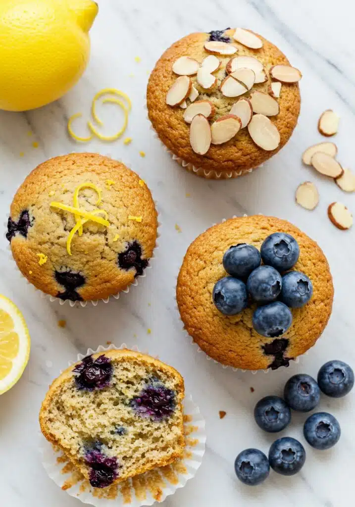 Three muffins on a marble surface, each slightly different, one with lemon zest garnish, one topped with almond slices, one with extra blueberries