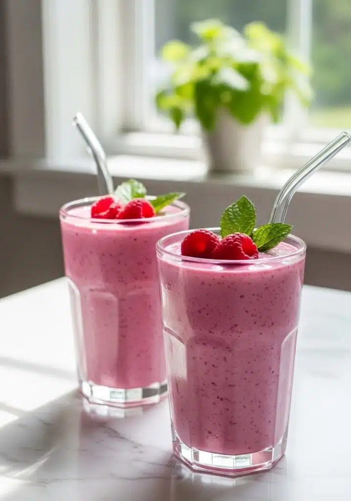 Two raspberry cottage cheese smoothies with raspberries and mint on marble countertop.
