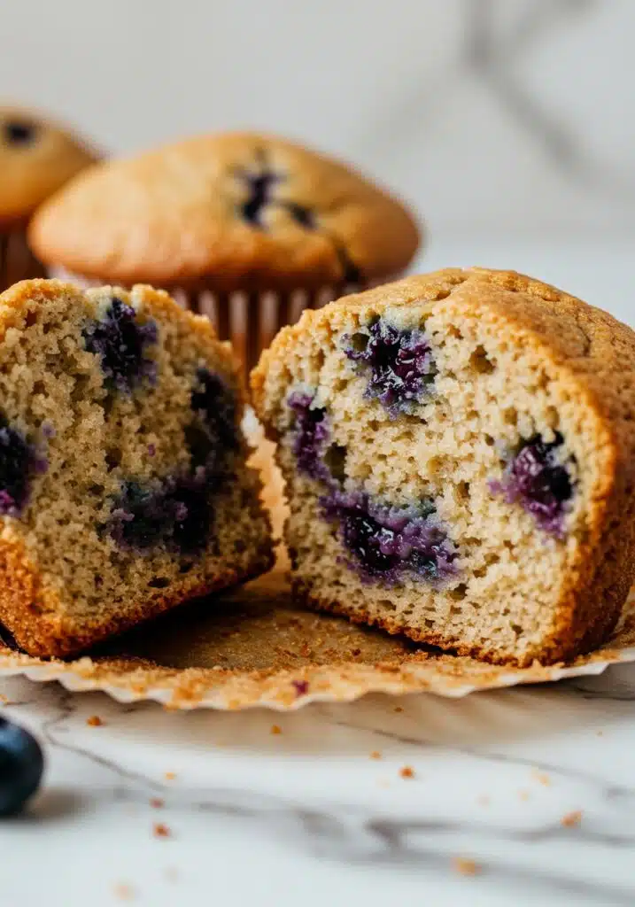 baked blueberry protein muffin cut in half to reveal its soft, moist