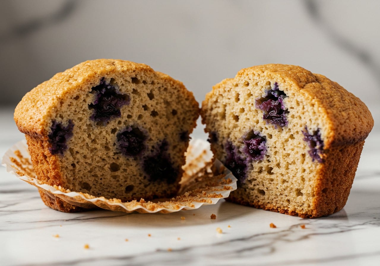 baked blueberry protein muffin cut in half to reveal its soft, moist texture inside.