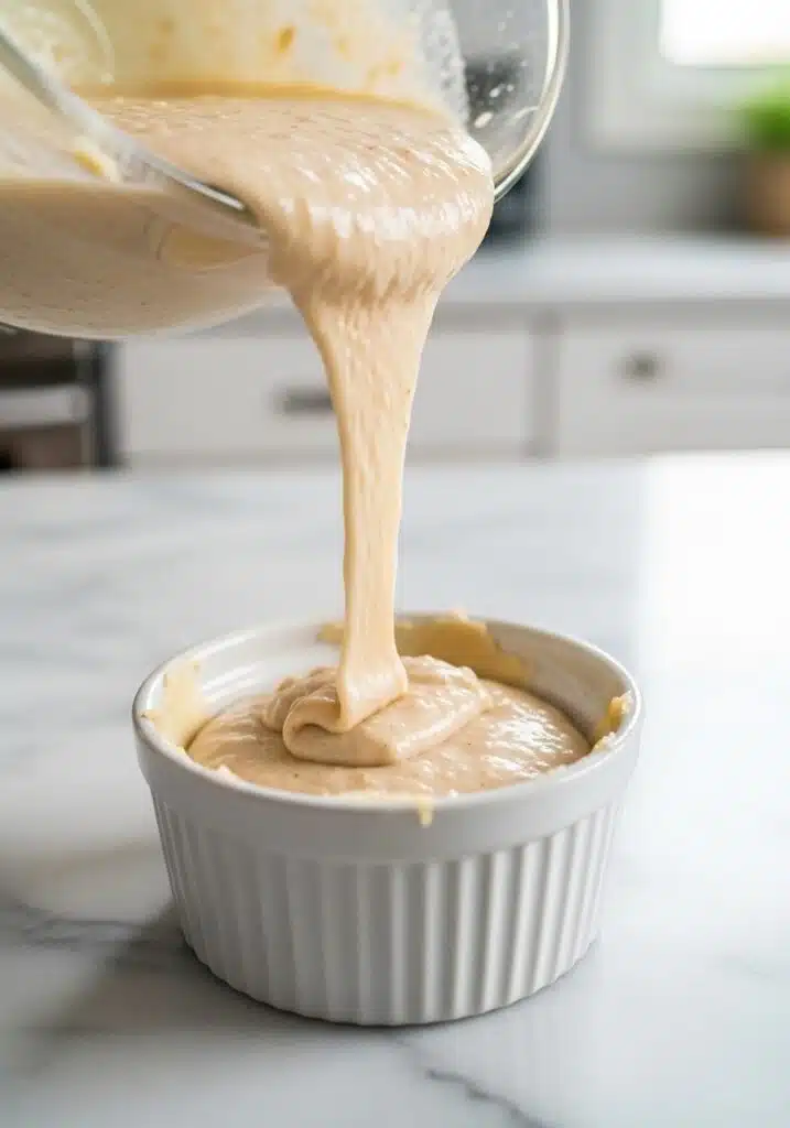 blended baked oats batter poured into a small greased ramekin on a marble countertop