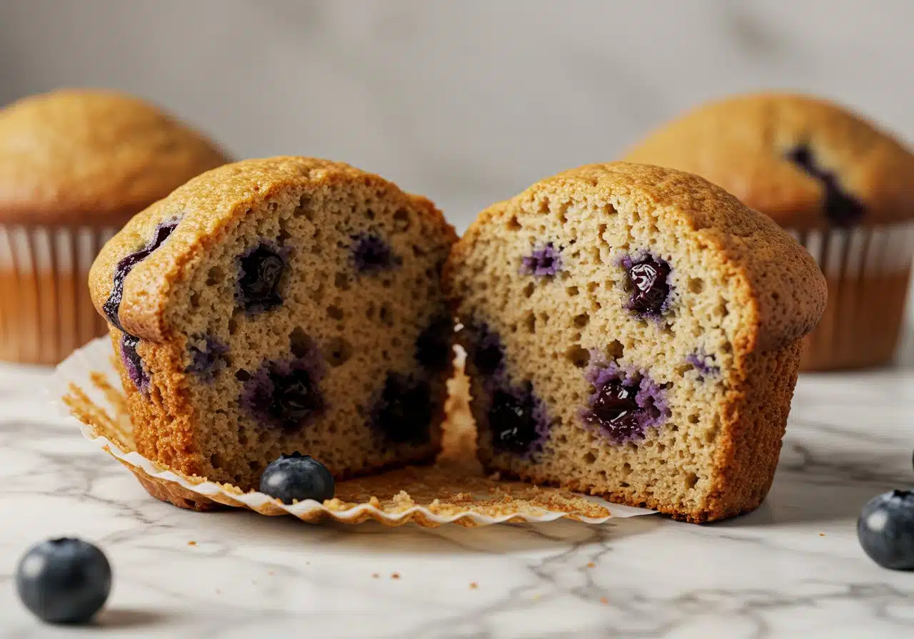 blueberry protein muffin cut in half to reveal its soft, moist texture inside.