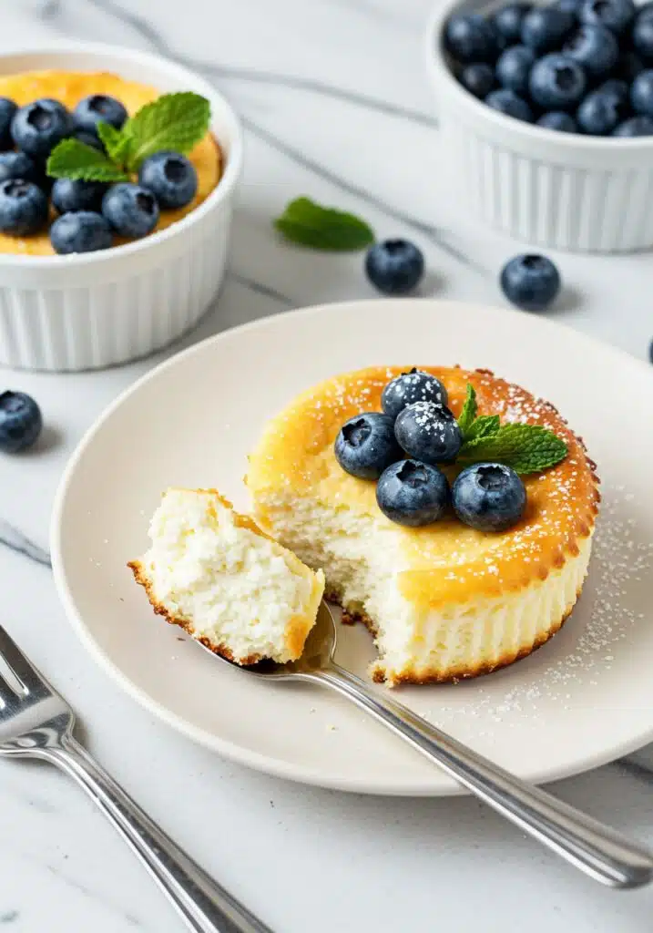 cottage cheese cheesecake removed from ramekin and plated on a white dish, topped with fresh blueberries, light dusting of powdered sugar, and a mint leaf