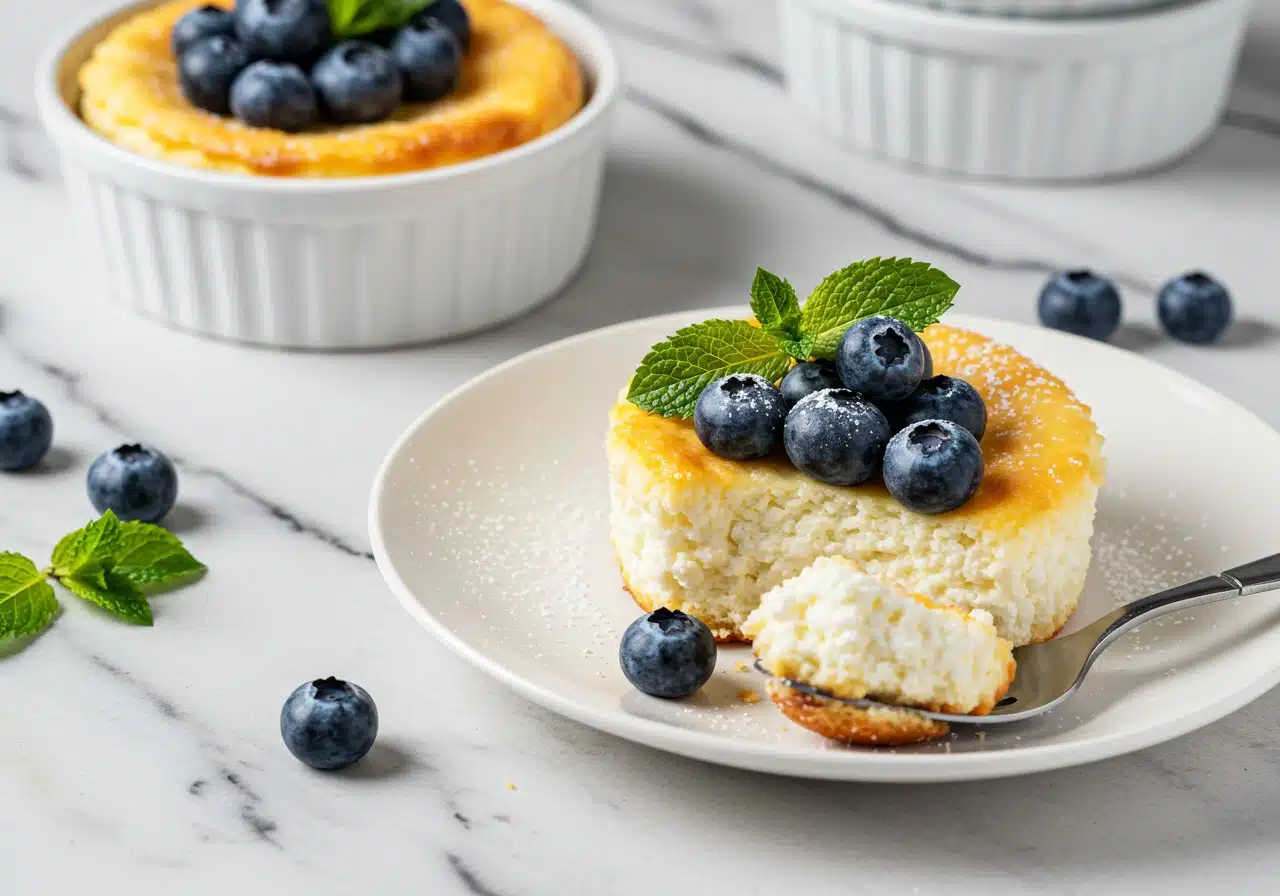 cottage cheese cheesecake removed from ramekin and plated on a white dish, topped with fresh blueberries, light dusting of powdered sugar