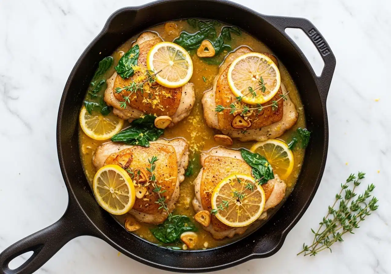 creamy lemon butter chicken thighs in a cast-iron skillet, covered in a rich, golden cream sauce with visible lemon slices