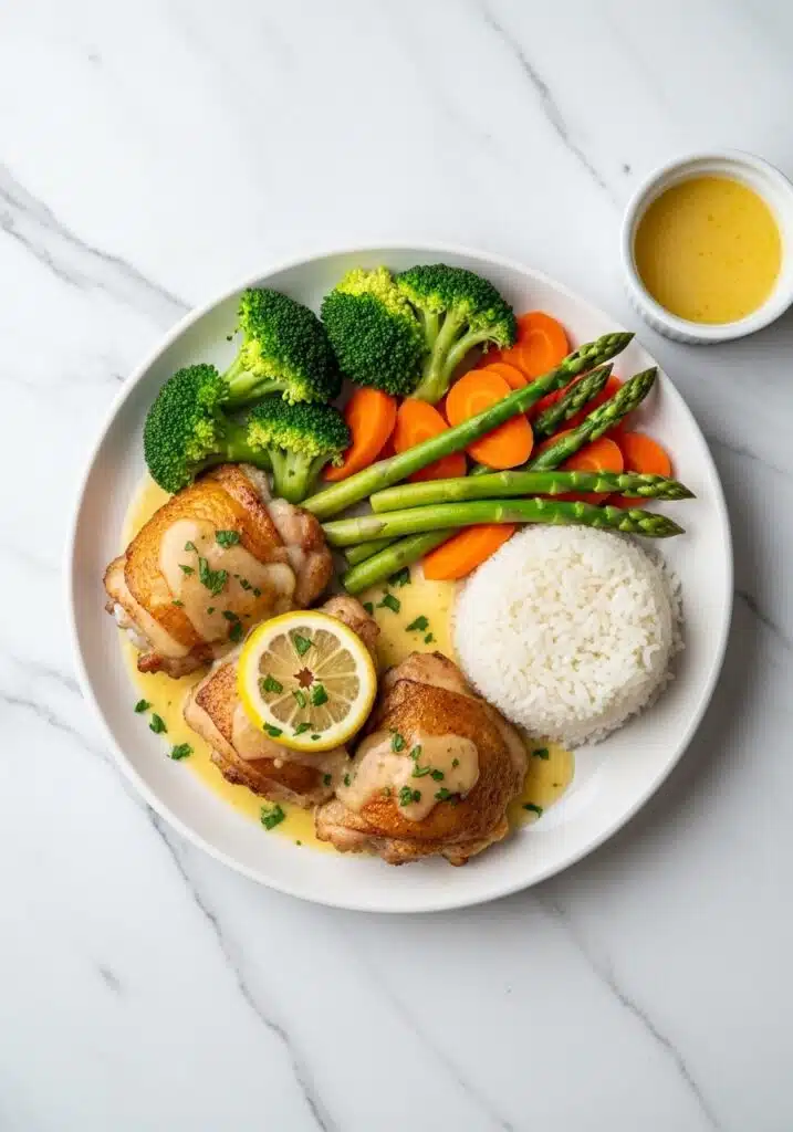 high-protein meal plate featuring creamy lemon butter chicken thighs with a side of steamed vegetables and rice