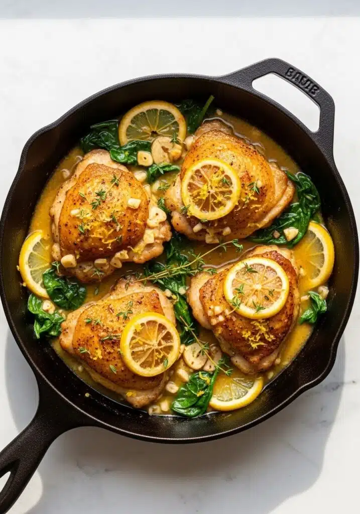 lemon butter chicken thighs in a cast-iron skillet, covered in a rich, golden cream sauce with visible lemon slices