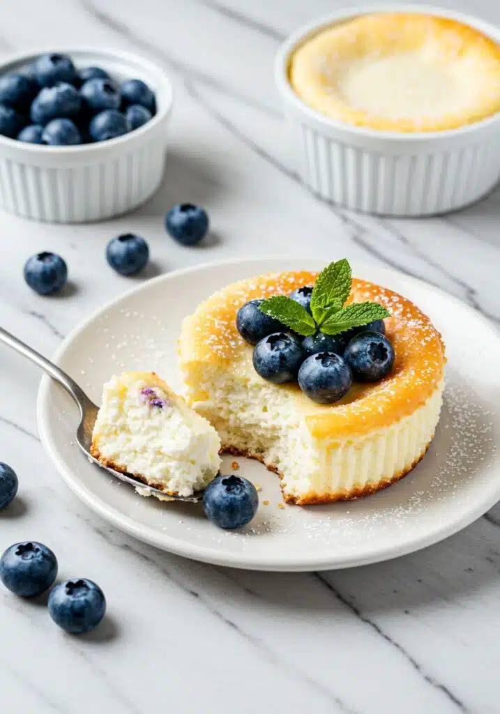 mini cottage cheese cheesecake removed from ramekin and plated on a white dish, topped with fresh blueberries, light dusting of powdered sugar, and a mint leaf