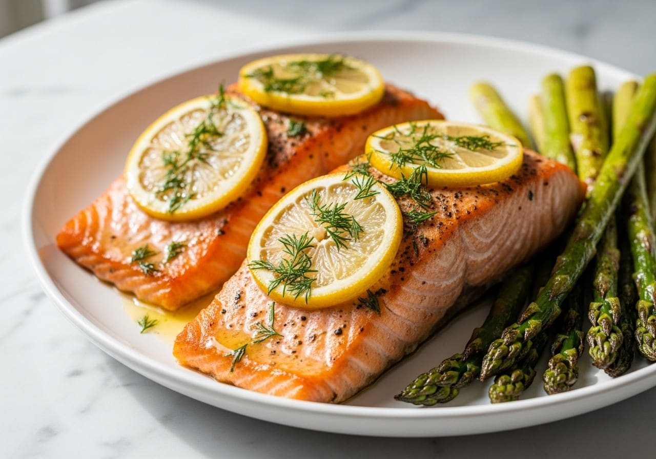 plate of salmon and asparagus