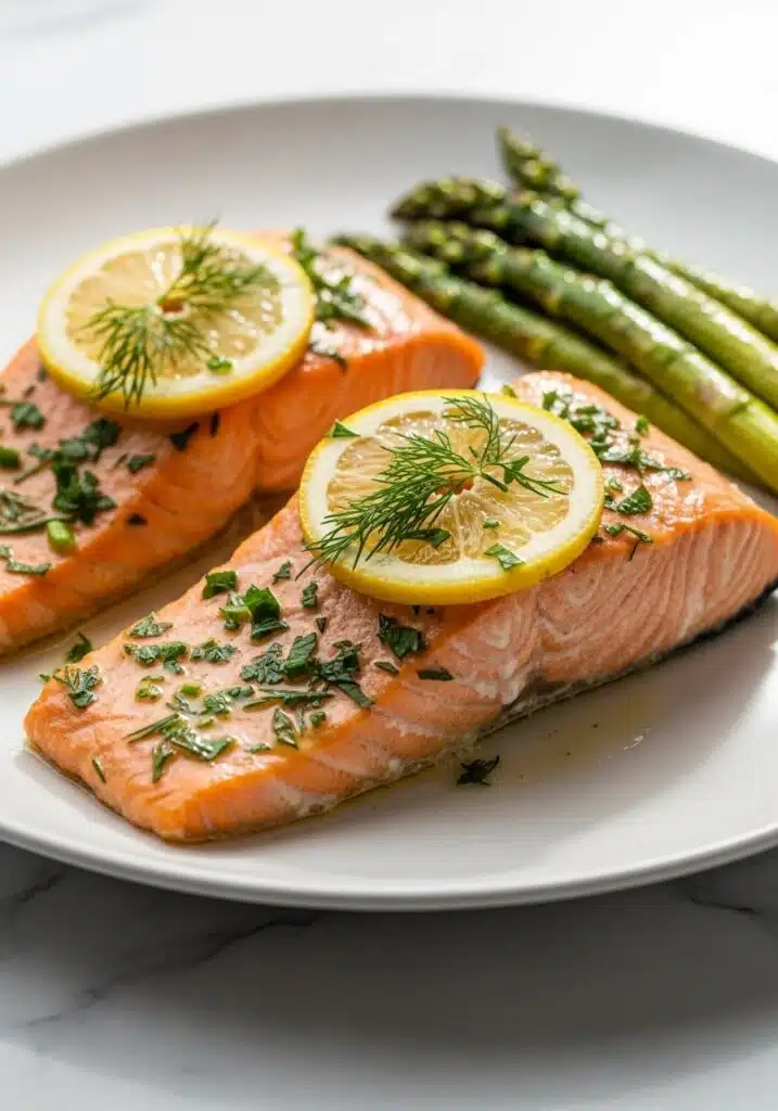 serving plate of salmon and asparagus, a fork resting on the side