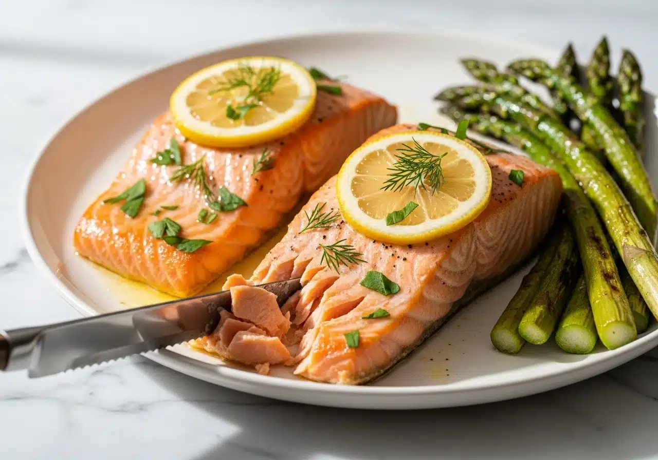 serving plate of salmon and asparagus