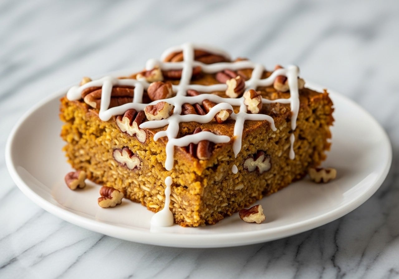 serving square of Protein Pumpkin Baked Oats on a small white plate