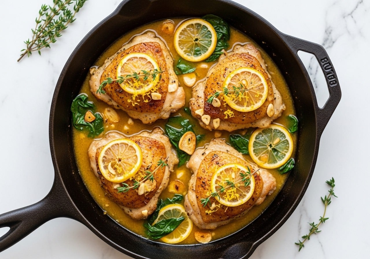 shot of creamy lemon butter chicken thighs in a cast-iron skillet, covered in a rich, golden cream sauce with visible lemon slices