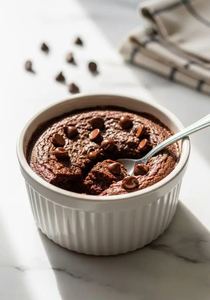 single serving of baked oats in a small ramekin on a marble countertop