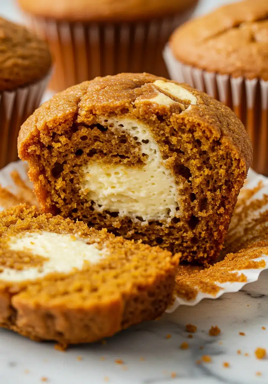 sliced Pumpkin Cream Cheese Swirl Muffin showing moist pumpkin crumb and rich cream cheese swirl inside
