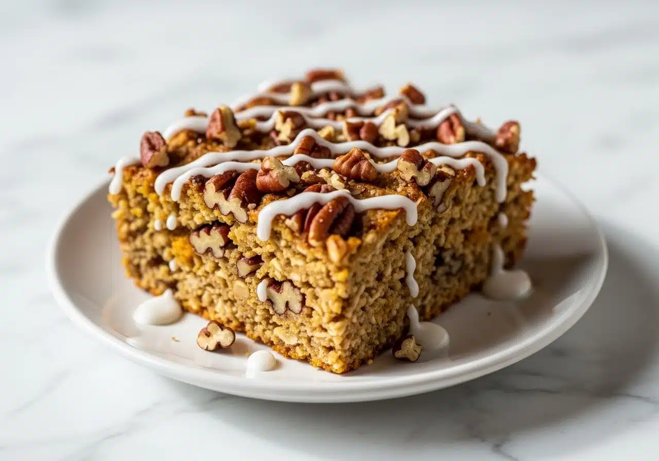 square of Protein Pumpkin Baked Oats on a small white plate