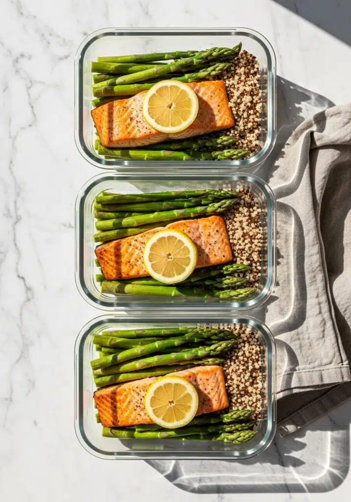 view of glass meal prep containers filled with salmon, asparagus, and quinoa