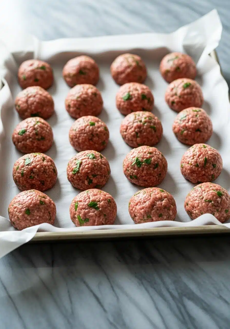 A baking tray lined with parchment paper holding raw rolled meatballs sized 1 to 2 inches in diameter