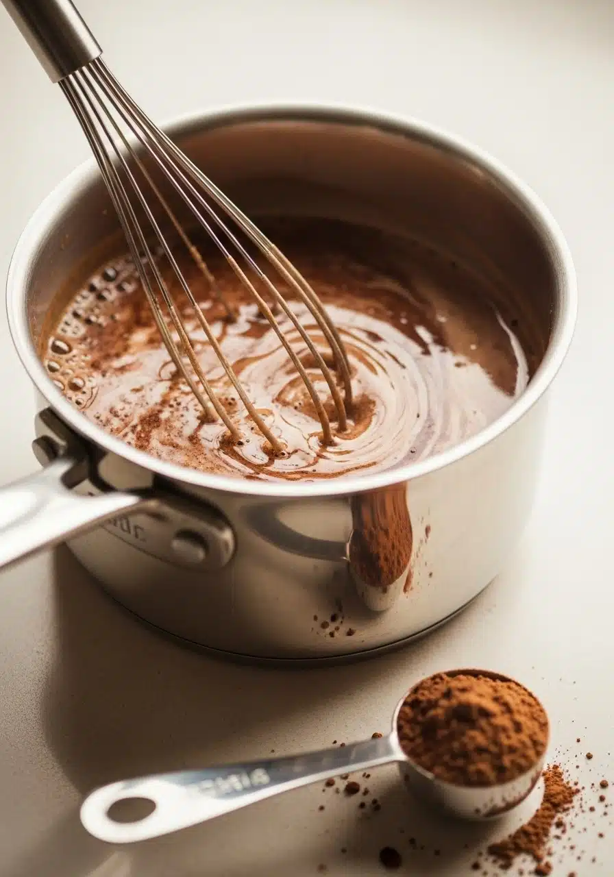 A close-up of a hand whisking hot milk with cocoa powder and chocolate protein powder in a small saucepan.