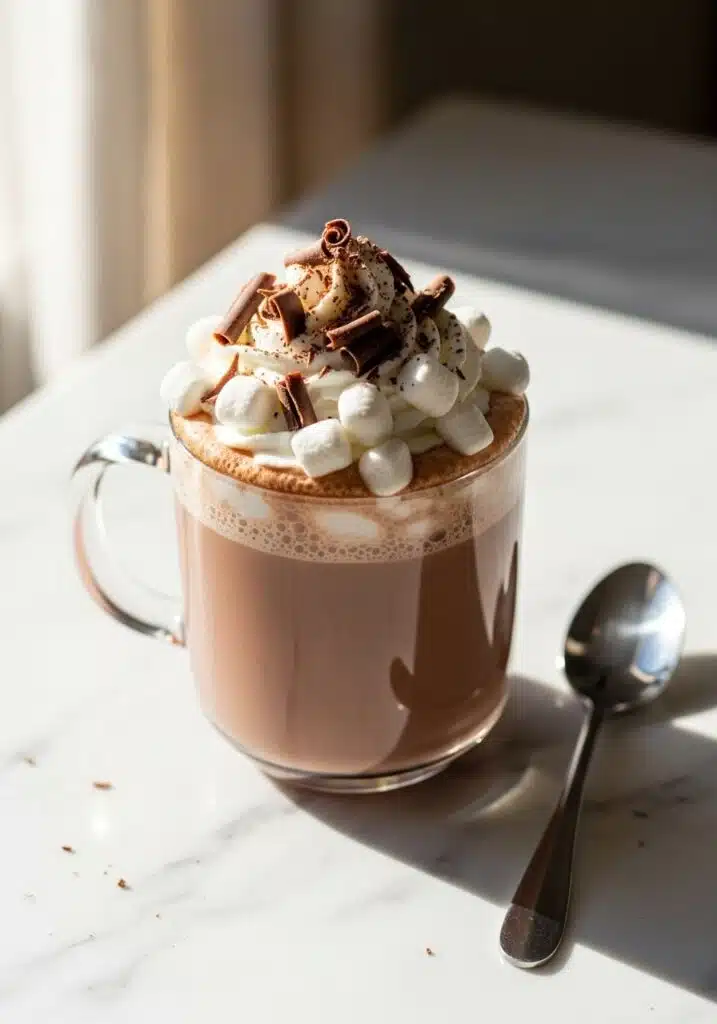 A cozy cup of rich, creamy Protein Hot Chocolate Recipe on a white marble countertop