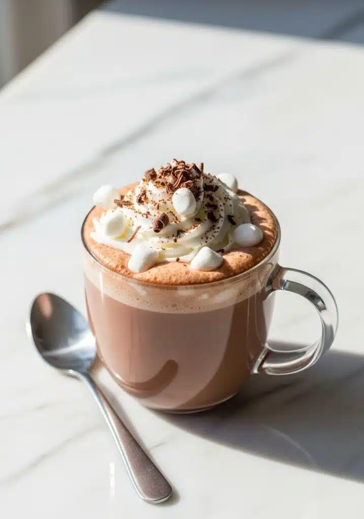 A cozy cup of rich, creamy protein hot chocolate on a white marble countertop. The drink is topped with a swirl of whipped cream, mini marshmallows