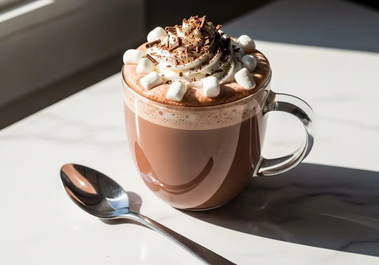 A cozy cup of rich, creamy protein hot chocolate on a white marble countertop. The drink is topped